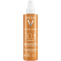 Bronze Vichy Capital Soleil SPF30+ fluid spray bottle with white cap and bold white lettering.