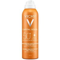 Orange Vichy Capital Soleil SPF50+ mist can with white cap and text, 200 ml size.