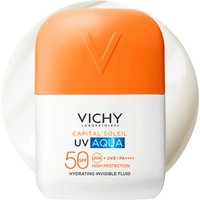Vichy Capital Soleil UV Aqua SPF50 fluid, 50ml, white bottle with orange cap, blue and orange text.