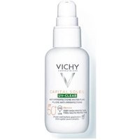 White Vichy Capital Soleil UV-Clear fluid bottle, 40ml, with pump dispenser and green label accent.