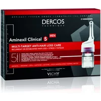 Black box of Vichy Dercos Aminexil Clinical 5 Men ampoules with red accents and clear vial image.