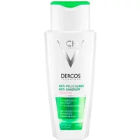 White Vichy Dercos Anti-Dandruff Shampoo bottle with green cap, 200ml, for dry hair.