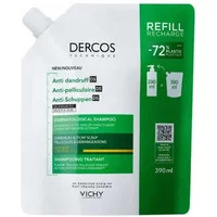 Vichy Dercos Anti Dandruff Shampoo refill pouch, white and green, 390ml, for dry hair with anti-dandruff label.