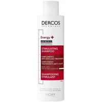 White Vichy Dercos shampoo bottle with red label, 200ml, for anti-hair loss, featuring energizing formula.