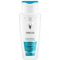 White Vichy Dercos Ultra Soothing Shampoo bottle, 200ml, with blue cap and label detailing.