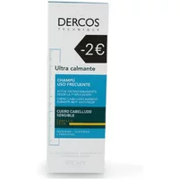 Vichy Dercos Ultra Soothing Shampoo box, white with blue and black accents, 200ml for dry hair.
