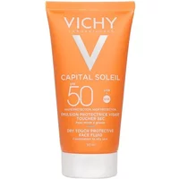 Orange tube of Vichy Ideal Soleil Dry Touch Face Cream SPF 50 with white text and logo, 50ml size.