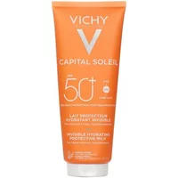Orange Vichy Ideal Soleil Sun-Milk tube, SPF 50+, 300ml, with white text and Vichy logo.