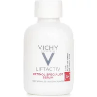 White Vichy LiftActiv Pure Retinol Serum bottle, 30ml, with gray and pink text, featuring a sleek, rounded design.