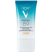 Vichy Minéral 89 SPF 50+ hydrating fluid in a blue-to-white gradient tube, 50 ml.