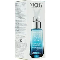 Vichy Mineral 89 Eyes, blue gradient bottle with silver pump, 15ml, hyaluronic acid eye fortifier packaging.