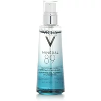 Clear bottle of Vichy Mineral 89 Booster, blue gradient liquid, white pump cap, 75ml size.