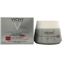 Vichy Supreme SPF 30 cream in a gray jar with white lid, next to matching gray box with red and black text.