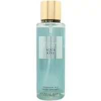 Aqua Kiss Body Mist 250ml by Victoria's Secret, light blue liquid in clear bottle with gold cap and label.