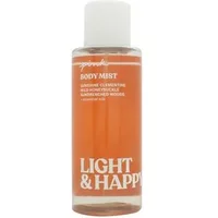 Clear bottle of Victoria's Secret Pink Light & Happy Body Mist, orange liquid, white cap, bold white text.