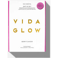 Vida Glow Anti-G-Ox Berry box with gold text, pink accents, and 30 sachets of 2g each.