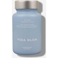 Blue Vida Glow Clear bottle with silver cap, labeled "Advanced Repair" and containing 30 capsules.