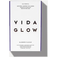 White box of Vida Glow Natural Marine Collagen Blueberry Sachets with bold black text and purple border.