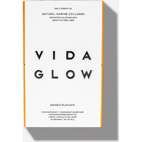 White Vida Glow box with black text, orange edges, labeled "Natural Marine Collagen Mango Flavour," 30 x 3g sachets.