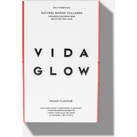 White Vida Glow box with black text, containing 30 peach-flavored marine collagen sachets, red accents on sides.
