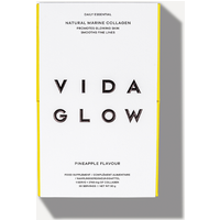 Vida Glow Natural Marine Collagen box, white with bold black text, yellow border, pineapple flavor, 30 sachets.