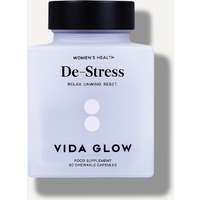 Clear Vida Glow De-Stress bottle with black cap, labeled for women's health, contains 60 chewable capsules.