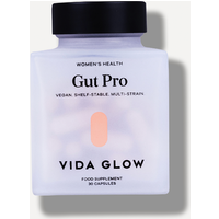 Vida Glow Gut Pro, clear square bottle with black cap, 30 capsules, minimalist design, women's health supplement.