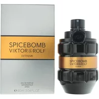 Black grenade-shaped bottle of VIKTOR&ROLF Spicebomb Extreme Eau De Parfum, 90ml, with gold band and matching box.