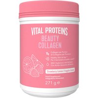 Pink Vital Proteins Beauty Collagen jar with white lid, strawberry lemon graphics, and 271g label.