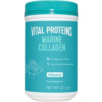 Turquoise Vital Proteins Marine Collagen container, 221g, with white lid and fish graphic.
