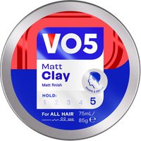 VO5 Matt Finish Extreme Style Matte Clay 75ml, silver round container with red and blue label, extra hold level 5.