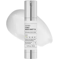 VT COSMETICS Reedle Shot Mild 50ml bottle, sleek silver design with white label and pump dispenser, cream smear backdrop.