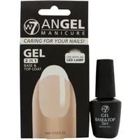 W7 Angel Manicure Gel 2 In 1 Base & Top Coat 15ml, black bottle with box showing nail design and product details.