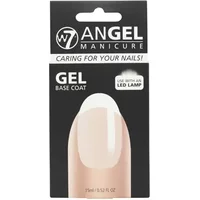 W7 Angel Manicure Gel Base Coat 15ml in black box with nail graphic, "Caring for Your Nails" text, LED lamp usage note.