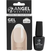 W7 Angel Manicure Gel Top Coat 15ml, black bottle with white text, next to matching branded packaging.