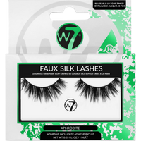 W7 Faux Silk Lashes Aphrodite, voluminous black false eyelashes in green and white packaging with adhesive included.