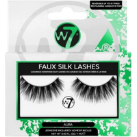 W7 Faux Silk Lashes Aura, voluminous black false eyelashes in green and white packaging with adhesive included.