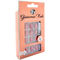W7 Glamorous Nails Cocoa Nude set with 24 pinkish-brown false nails in a peach box with glue tube.