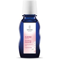 Blue bottle of Weleda Almond Sensitive Recovery Face Oil, 50ml, with white cap and pink label featuring almond blossoms.