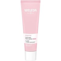 Pink tube of Weleda Almond Sensitive Soothing Moisturiser, 30ml, with white cap and text detailing.