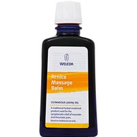 Dark blue bottle of Weleda Arnica Massage Balm with white cap and orange label, 100ml size.