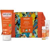 Weleda Arnica Sports Aftercare Gift Set with orange tube, small bottle, cream, and colorful patterned pouch.
