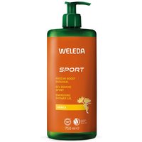 Orange and green Weleda Arnica Sports Shower Gel bottle with pump, 750ml, featuring yellow flower graphic.
