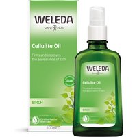Green glass bottle with white pump, labeled "Weleda Birch Cellulite Oil," next to matching green and white box.