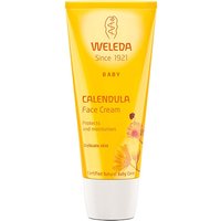 Yellow Weleda Calendula Face Cream tube, 50ml, with orange text and floral design, for baby care.