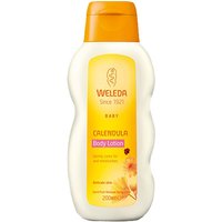 Weleda Calendula Lotion 200ml, white bottle with orange cap, yellow label, floral design.