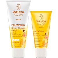 Weleda Calendula Nappy Change Cream and Weather Cream in yellow and white tubes with orange accents.