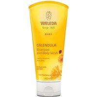 Yellow Weleda Calendula Shampoo & Body Wash 200ml tube with orange cap and floral design.