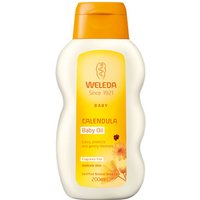 Weleda Calendula Oil 200ml, white bottle with orange cap, yellow label featuring calendula flower graphic.