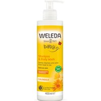 Weleda Calendula Shampoo & Body Wash, 400ml, yellow bottle with pump, baby-safe, calendula flower design.